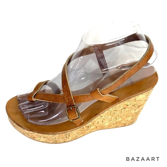 K Jacques St Tropez Brown Leather Strapped Cork Wedges Sz: 6.5 US/ 37. EU - Picture 2 of 9